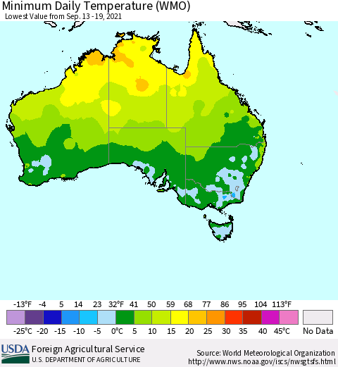 Australia Minimum Daily Temperature (WMO) Thematic Map For 9/13/2021 - 9/19/2021