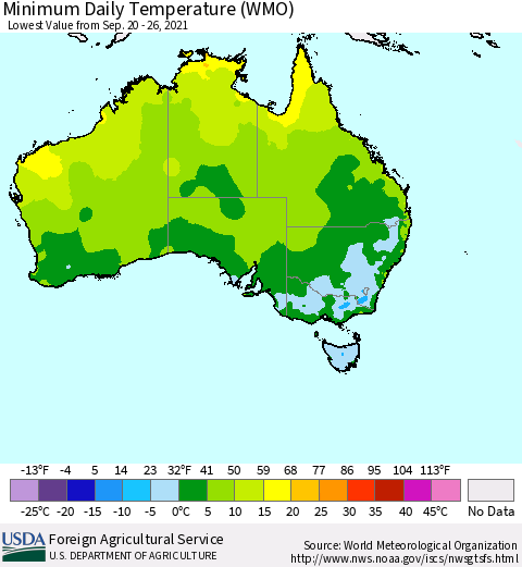 Australia Minimum Daily Temperature (WMO) Thematic Map For 9/20/2021 - 9/26/2021