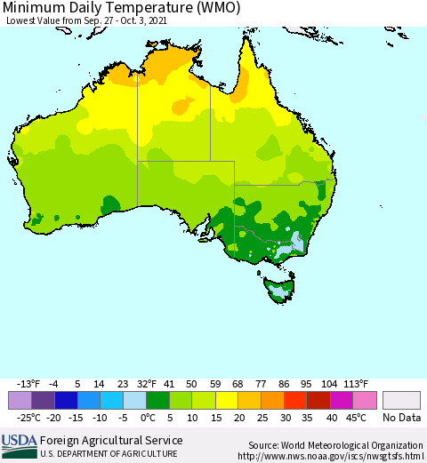 Australia Minimum Daily Temperature (WMO) Thematic Map For 9/27/2021 - 10/3/2021