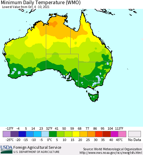 Australia Minimum Daily Temperature (WMO) Thematic Map For 10/4/2021 - 10/10/2021