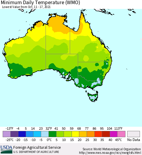 Australia Minimum Daily Temperature (WMO) Thematic Map For 10/11/2021 - 10/17/2021