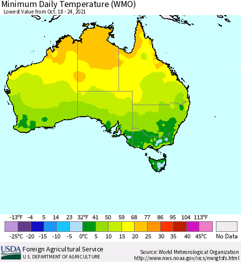 Australia Minimum Daily Temperature (WMO) Thematic Map For 10/18/2021 - 10/24/2021