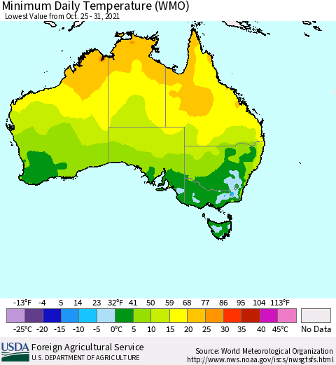 Australia Minimum Daily Temperature (WMO) Thematic Map For 10/25/2021 - 10/31/2021