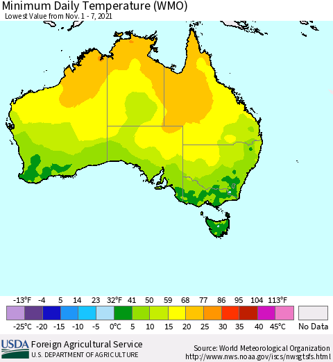 Australia Minimum Daily Temperature (WMO) Thematic Map For 11/1/2021 - 11/7/2021