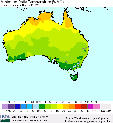 Australia Minimum Daily Temperature (WMO) Thematic Map For 11/8/2021 - 11/14/2021