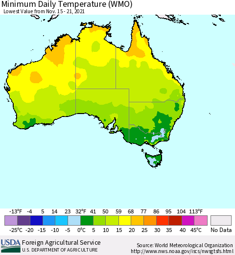 Australia Minimum Daily Temperature (WMO) Thematic Map For 11/15/2021 - 11/21/2021