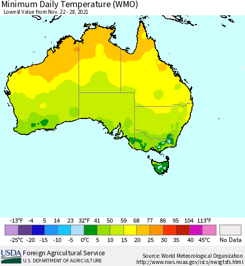 Australia Minimum Daily Temperature (WMO) Thematic Map For 11/22/2021 - 11/28/2021