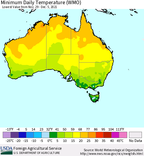 Australia Minimum Daily Temperature (WMO) Thematic Map For 11/29/2021 - 12/5/2021