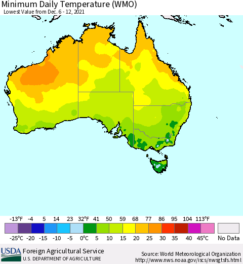 Australia Minimum Daily Temperature (WMO) Thematic Map For 12/6/2021 - 12/12/2021