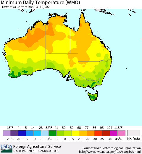 Australia Minimum Daily Temperature (WMO) Thematic Map For 12/13/2021 - 12/19/2021