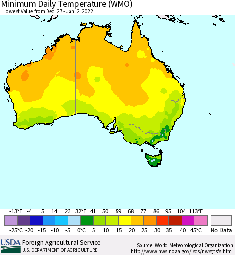 Australia Minimum Daily Temperature (WMO) Thematic Map For 12/27/2021 - 1/2/2022