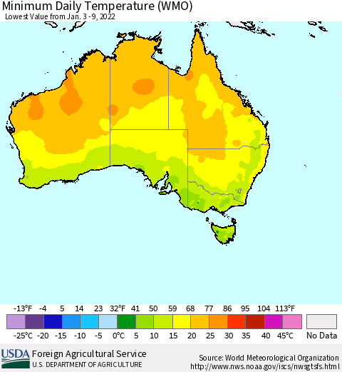 Australia Minimum Daily Temperature (WMO) Thematic Map For 1/3/2022 - 1/9/2022