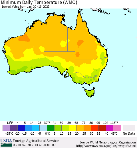 Australia Minimum Daily Temperature (WMO) Thematic Map For 1/10/2022 - 1/16/2022