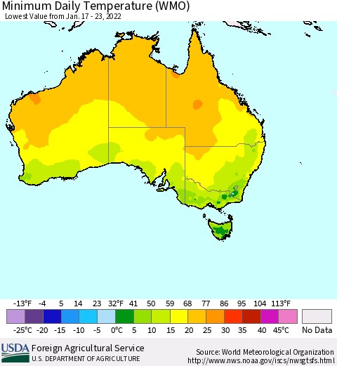 Australia Minimum Daily Temperature (WMO) Thematic Map For 1/17/2022 - 1/23/2022