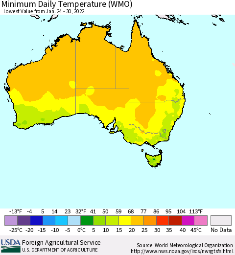 Australia Minimum Daily Temperature (WMO) Thematic Map For 1/24/2022 - 1/30/2022