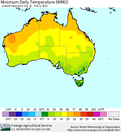 Australia Minimum Daily Temperature (WMO) Thematic Map For 1/31/2022 - 2/6/2022