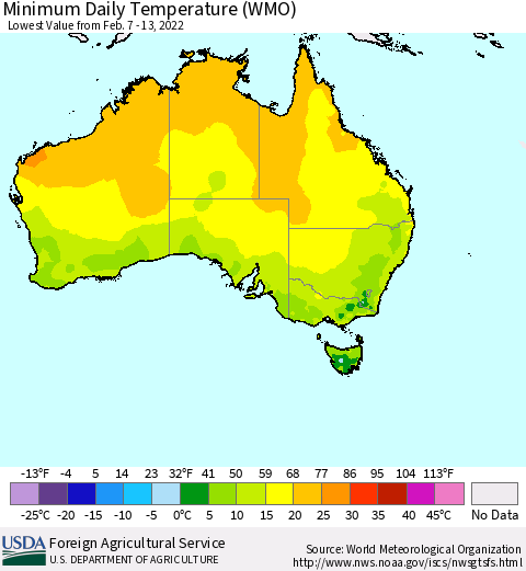 Australia Minimum Daily Temperature (WMO) Thematic Map For 2/7/2022 - 2/13/2022