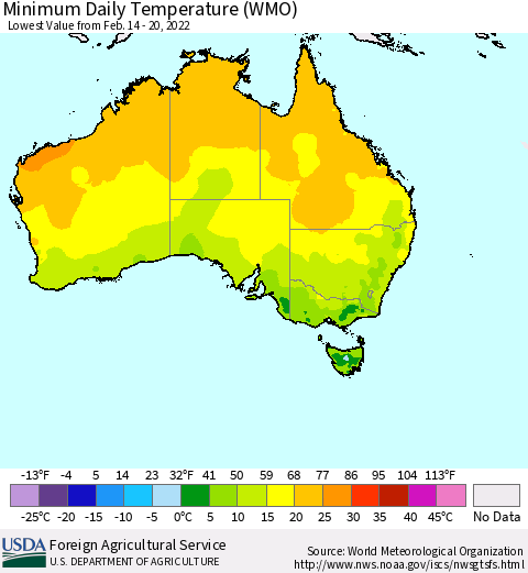 Australia Minimum Daily Temperature (WMO) Thematic Map For 2/14/2022 - 2/20/2022