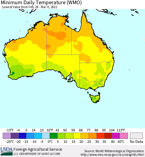 Australia Minimum Daily Temperature (WMO) Thematic Map For 2/28/2022 - 3/6/2022