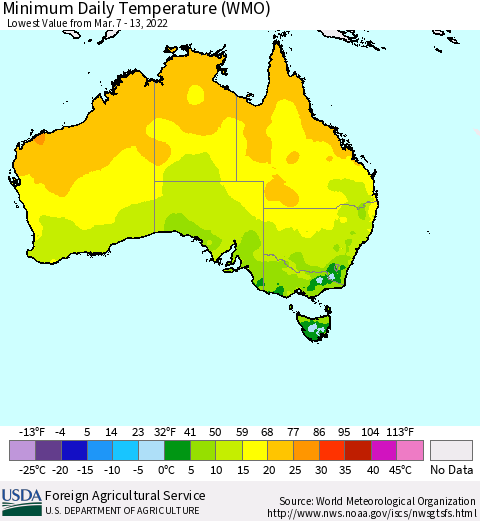 Australia Minimum Daily Temperature (WMO) Thematic Map For 3/7/2022 - 3/13/2022