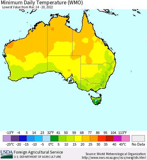 Australia Minimum Daily Temperature (WMO) Thematic Map For 3/14/2022 - 3/20/2022