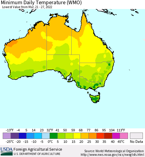 Australia Minimum Daily Temperature (WMO) Thematic Map For 3/21/2022 - 3/27/2022