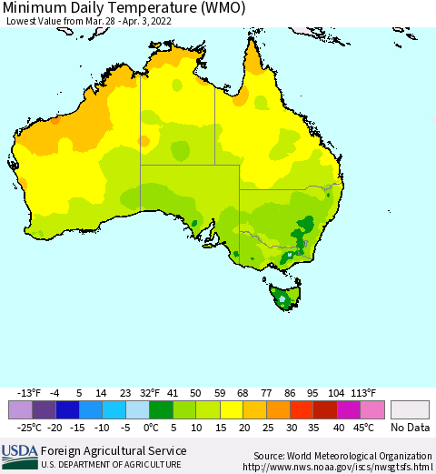 Australia Minimum Daily Temperature (WMO) Thematic Map For 3/28/2022 - 4/3/2022