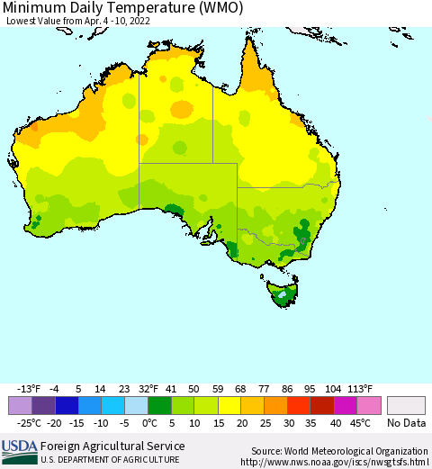 Australia Minimum Daily Temperature (WMO) Thematic Map For 4/4/2022 - 4/10/2022