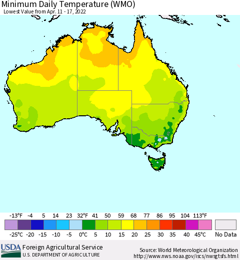 Australia Minimum Daily Temperature (WMO) Thematic Map For 4/11/2022 - 4/17/2022