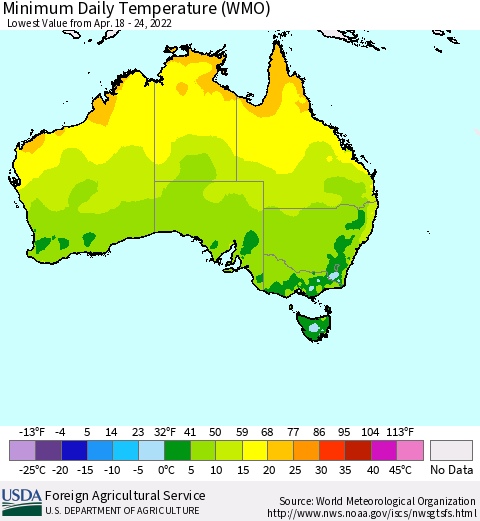 Australia Minimum Daily Temperature (WMO) Thematic Map For 4/18/2022 - 4/24/2022