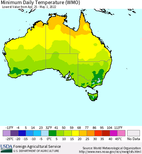 Australia Minimum Daily Temperature (WMO) Thematic Map For 4/25/2022 - 5/1/2022