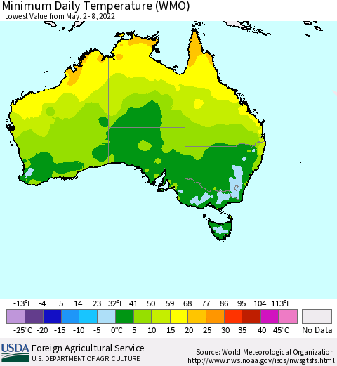 Australia Minimum Daily Temperature (WMO) Thematic Map For 5/2/2022 - 5/8/2022