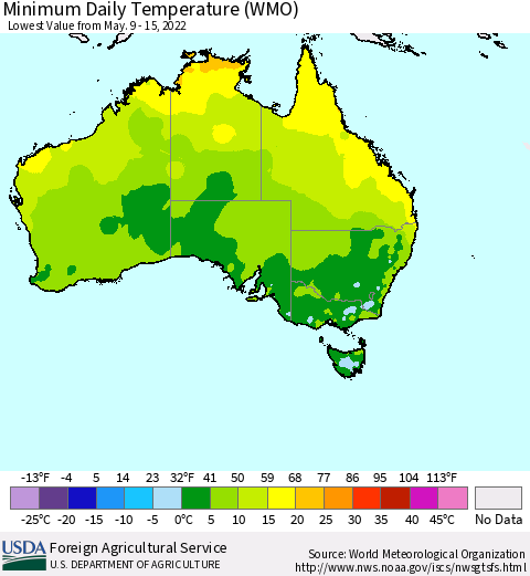 Australia Minimum Daily Temperature (WMO) Thematic Map For 5/9/2022 - 5/15/2022