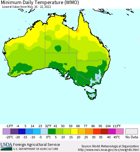 Australia Minimum Daily Temperature (WMO) Thematic Map For 5/16/2022 - 5/22/2022
