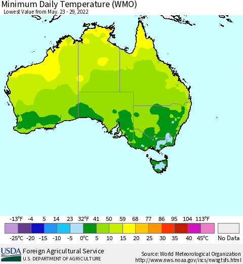 Australia Minimum Daily Temperature (WMO) Thematic Map For 5/23/2022 - 5/29/2022