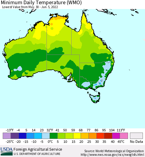 Australia Minimum Daily Temperature (WMO) Thematic Map For 5/30/2022 - 6/5/2022