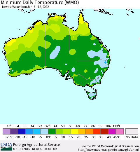 Australia Minimum Daily Temperature (WMO) Thematic Map For 6/6/2022 - 6/12/2022