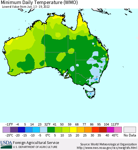 Australia Minimum Daily Temperature (WMO) Thematic Map For 6/13/2022 - 6/19/2022