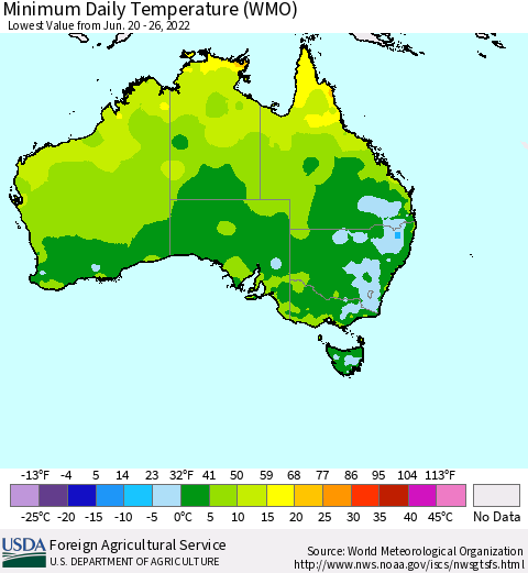 Australia Minimum Daily Temperature (WMO) Thematic Map For 6/20/2022 - 6/26/2022