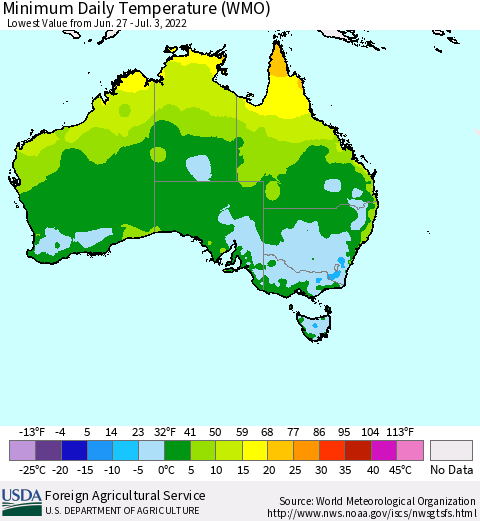 Australia Minimum Daily Temperature (WMO) Thematic Map For 6/27/2022 - 7/3/2022