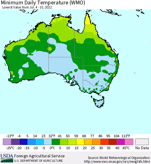 Australia Minimum Daily Temperature (WMO) Thematic Map For 7/4/2022 - 7/10/2022