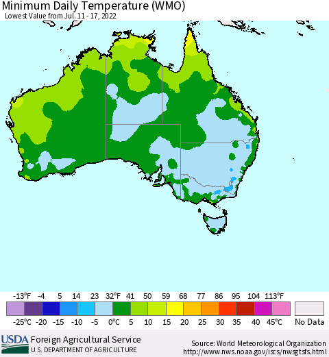 Australia Minimum Daily Temperature (WMO) Thematic Map For 7/11/2022 - 7/17/2022
