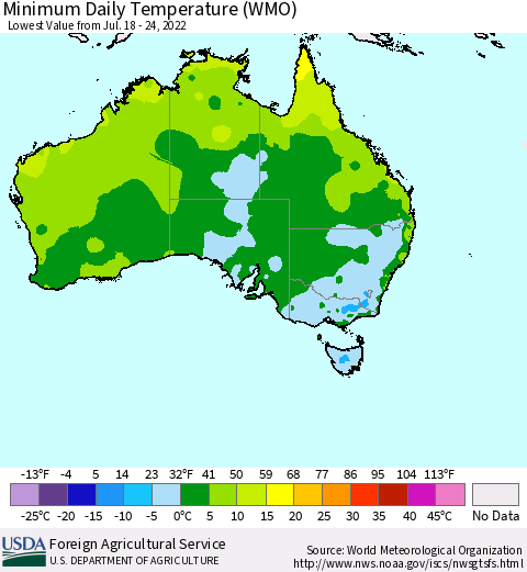 Australia Minimum Daily Temperature (WMO) Thematic Map For 7/18/2022 - 7/24/2022