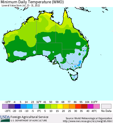 Australia Minimum Daily Temperature (WMO) Thematic Map For 7/25/2022 - 7/31/2022