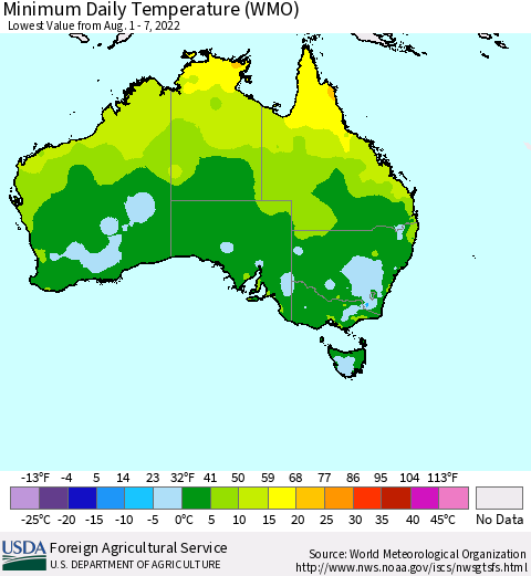 Australia Minimum Daily Temperature (WMO) Thematic Map For 8/1/2022 - 8/7/2022