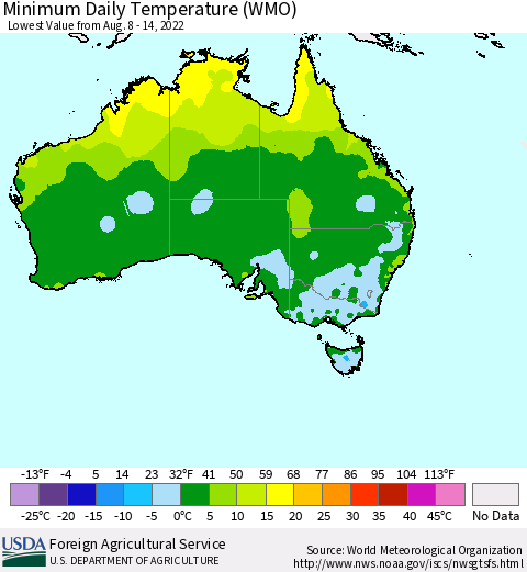 Australia Minimum Daily Temperature (WMO) Thematic Map For 8/8/2022 - 8/14/2022