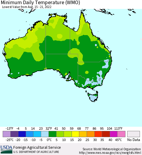 Australia Minimum Daily Temperature (WMO) Thematic Map For 8/15/2022 - 8/21/2022
