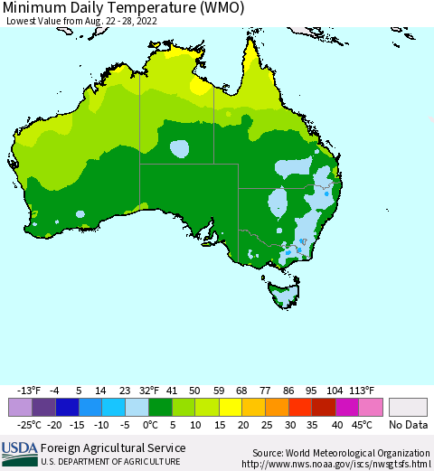 Australia Minimum Daily Temperature (WMO) Thematic Map For 8/22/2022 - 8/28/2022