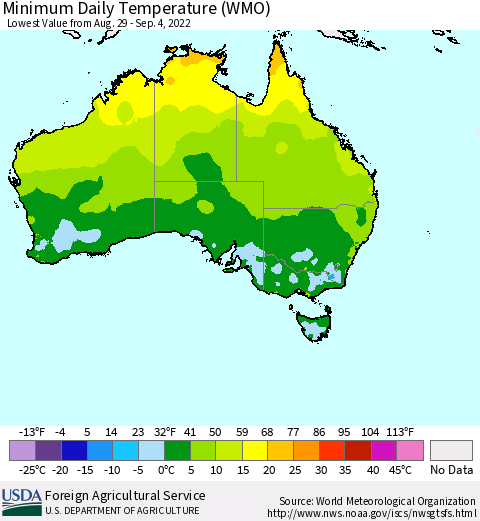 Australia Minimum Daily Temperature (WMO) Thematic Map For 8/29/2022 - 9/4/2022