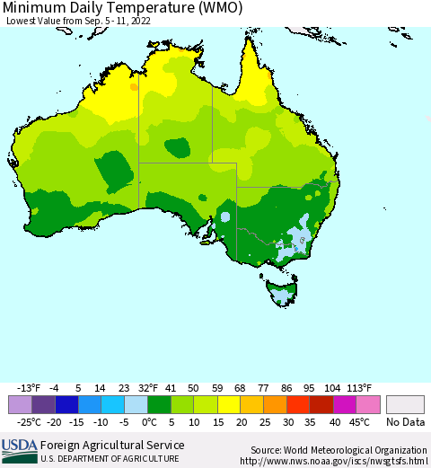 Australia Minimum Daily Temperature (WMO) Thematic Map For 9/5/2022 - 9/11/2022